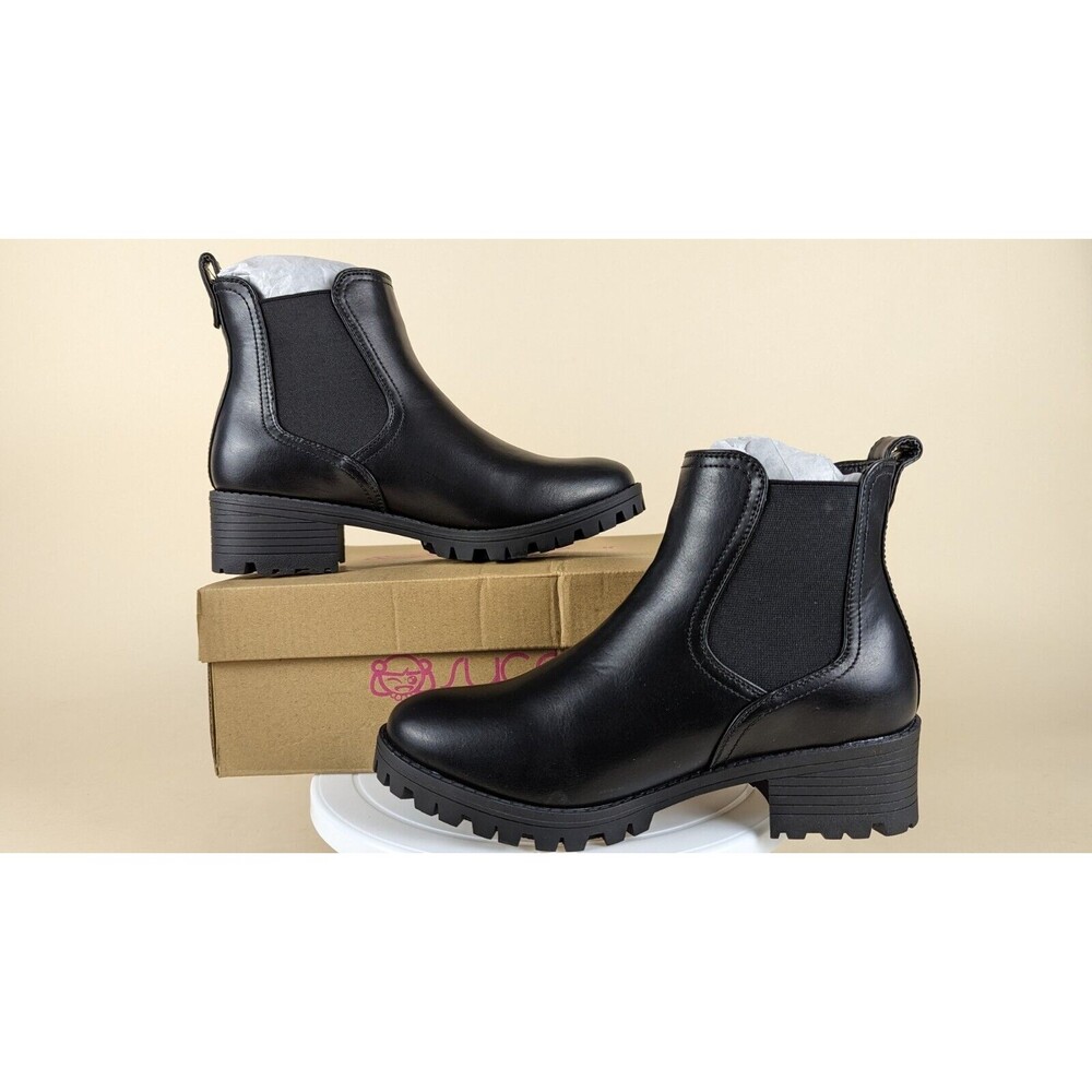 Sugar Kelce Ankle Booties Boots Womens 8 M Black Faux Leather Heels Shoes NWB
